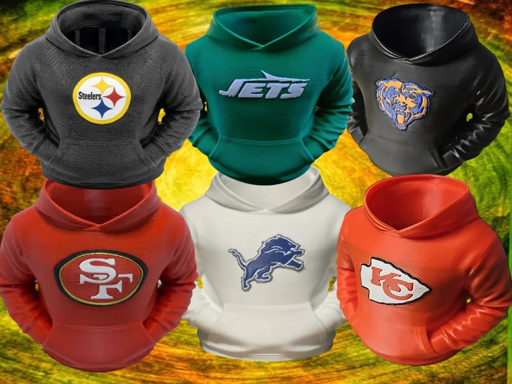 Six 3D-printed hoodie-shaped mugs in different team colors with raised team logos, including Steelers, Jets, Bears, 49ers, Lions and Chiefs