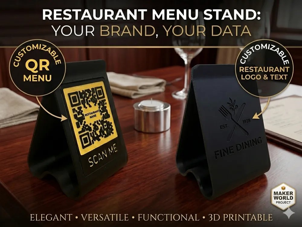 Charcoal 3D-printed restaurant menu stand with an embossed orange QR code panel and a second stand with an embossed fine-dining logo